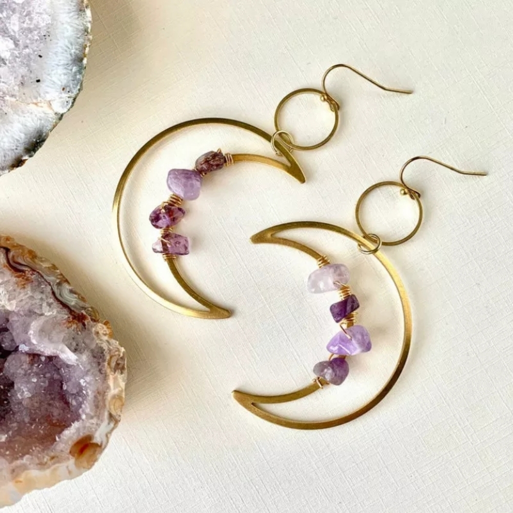 Genuine Amythest Crescent Moon Earrings